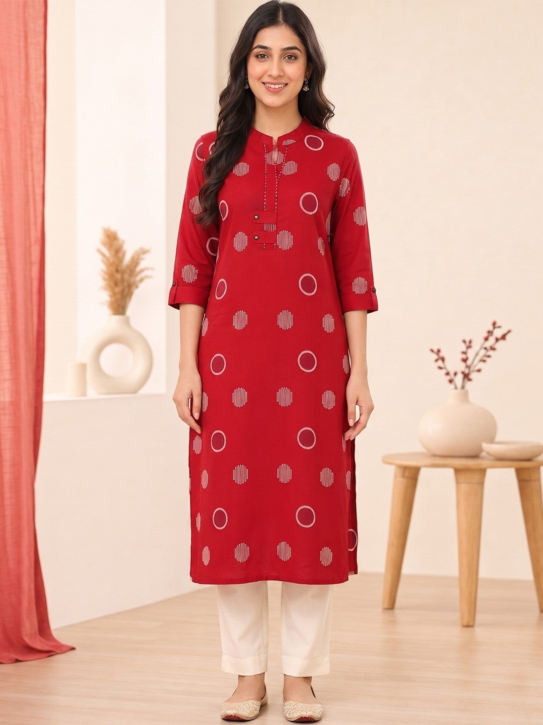 Red Pure Cotton Geometric Printed Kurti - Image 4