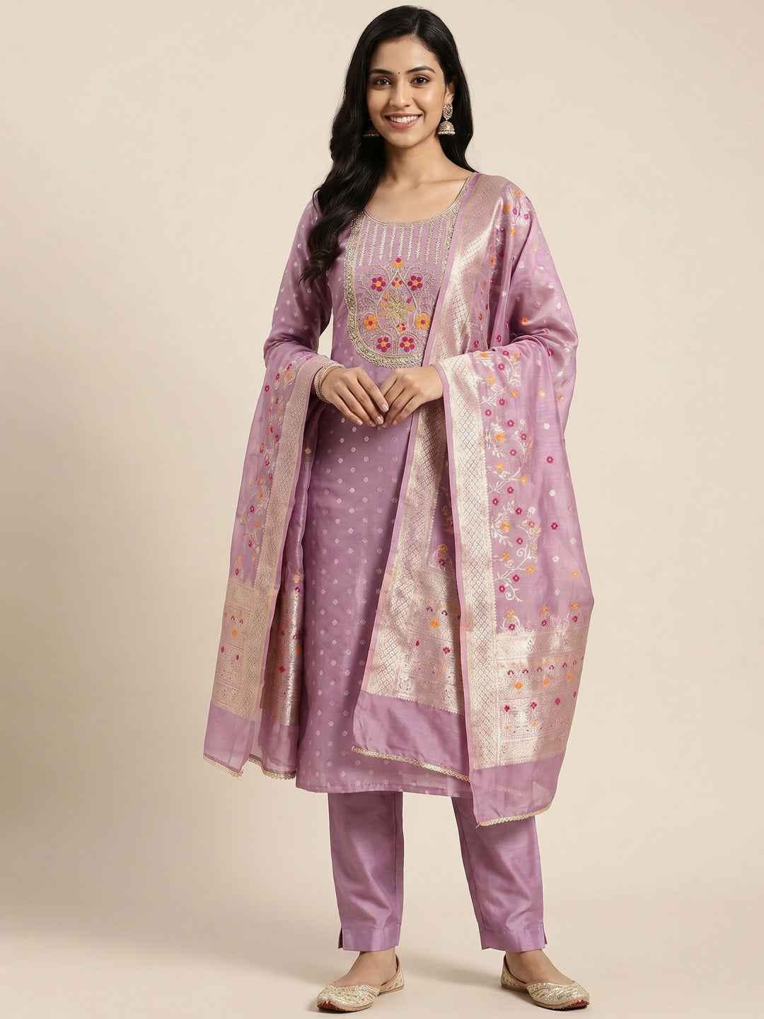 Peachmode Lavender Jacquard Dress Material with Ethnic Motifs - Image 1