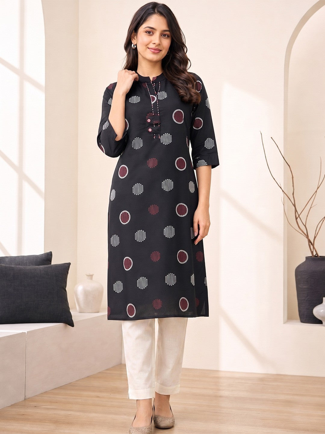 Black Pure Cotton Geometric Printed Kurti - Image 1