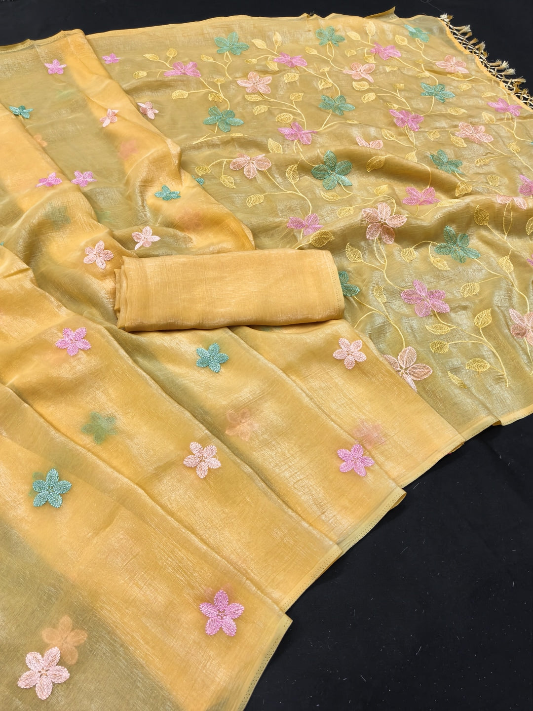 Peachmode Yellow Crunchy Saree with Floral Embroidery Work - Image 2