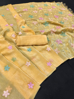 Peachmode Yellow Crunchy Saree with Floral Embroidery Work - Image 2