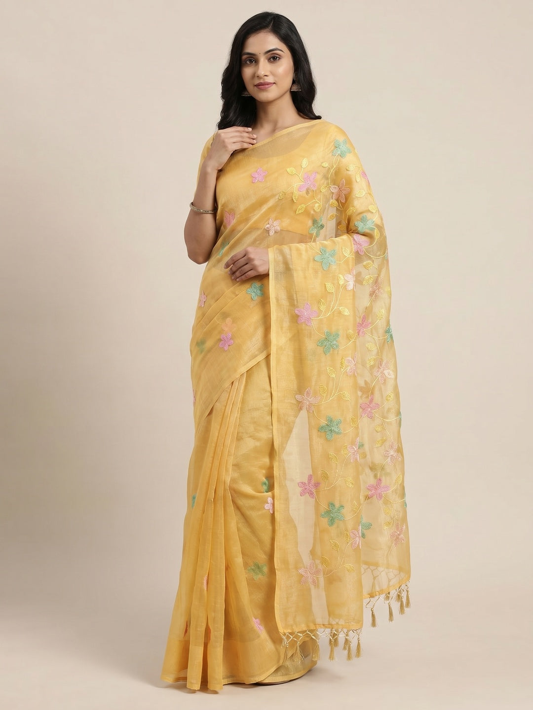 Peachmode Yellow Crunchy Saree with Floral Embroidery Work - Image 1