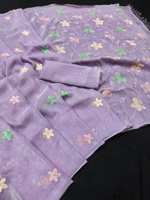 Peachmode Lavender Crunchy Saree with Floral Embroidery Work - Image 2