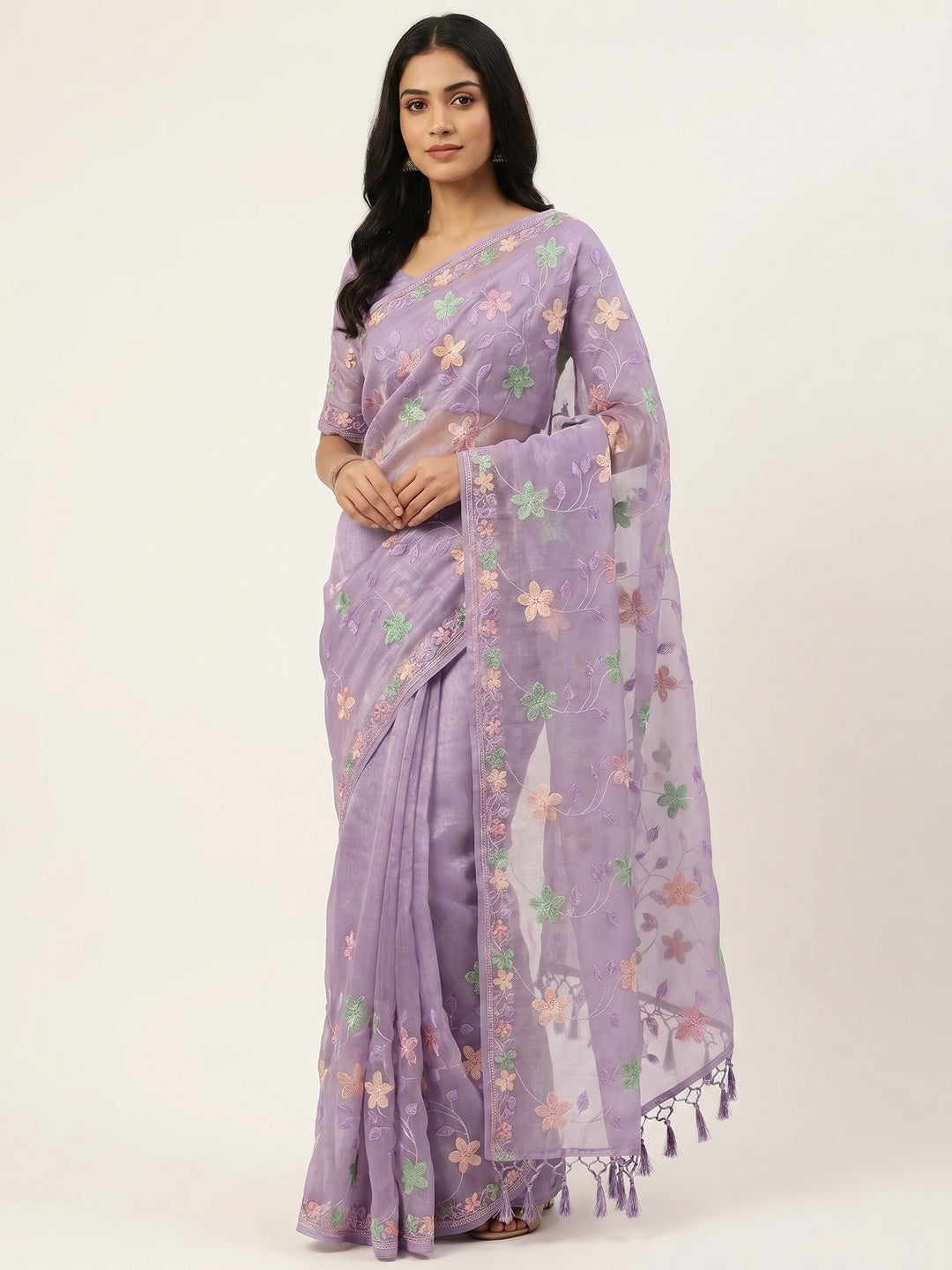 Peachmode Lavender Crunchy Saree with Floral Embroidery Work - Image 1