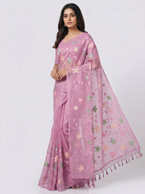 Peachmode Pink Crunchy Saree with Floral Embroidery Work - Image 1