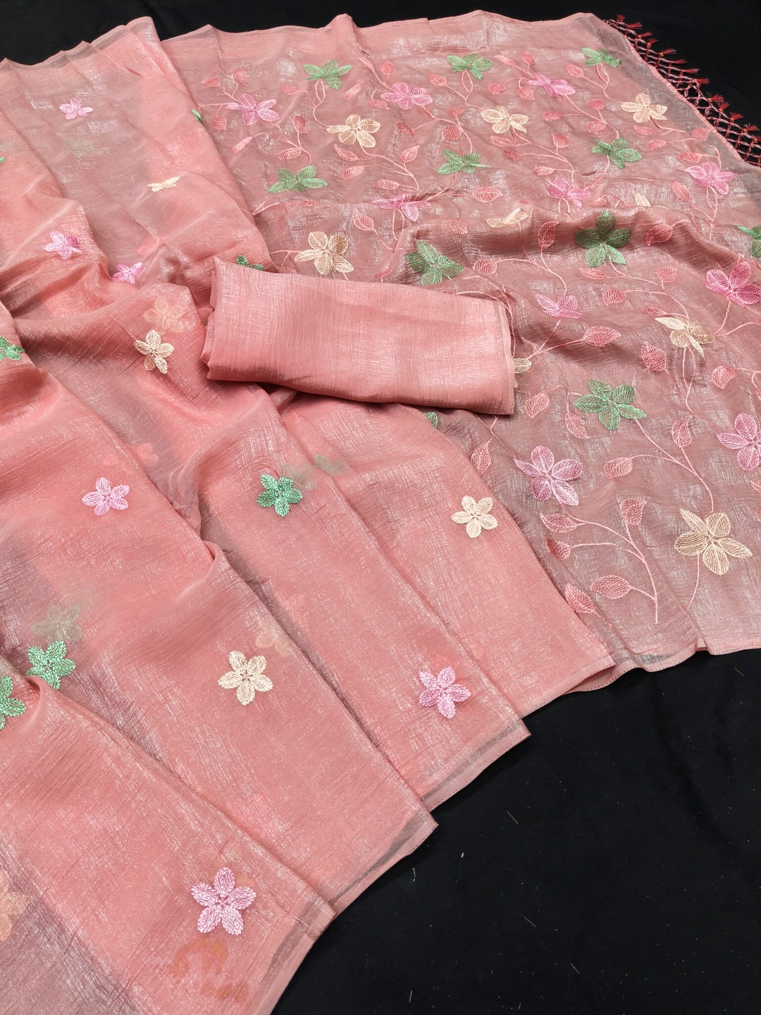 Peachmode Peach Crunchy Saree with Floral Embroidery Work - Image 2