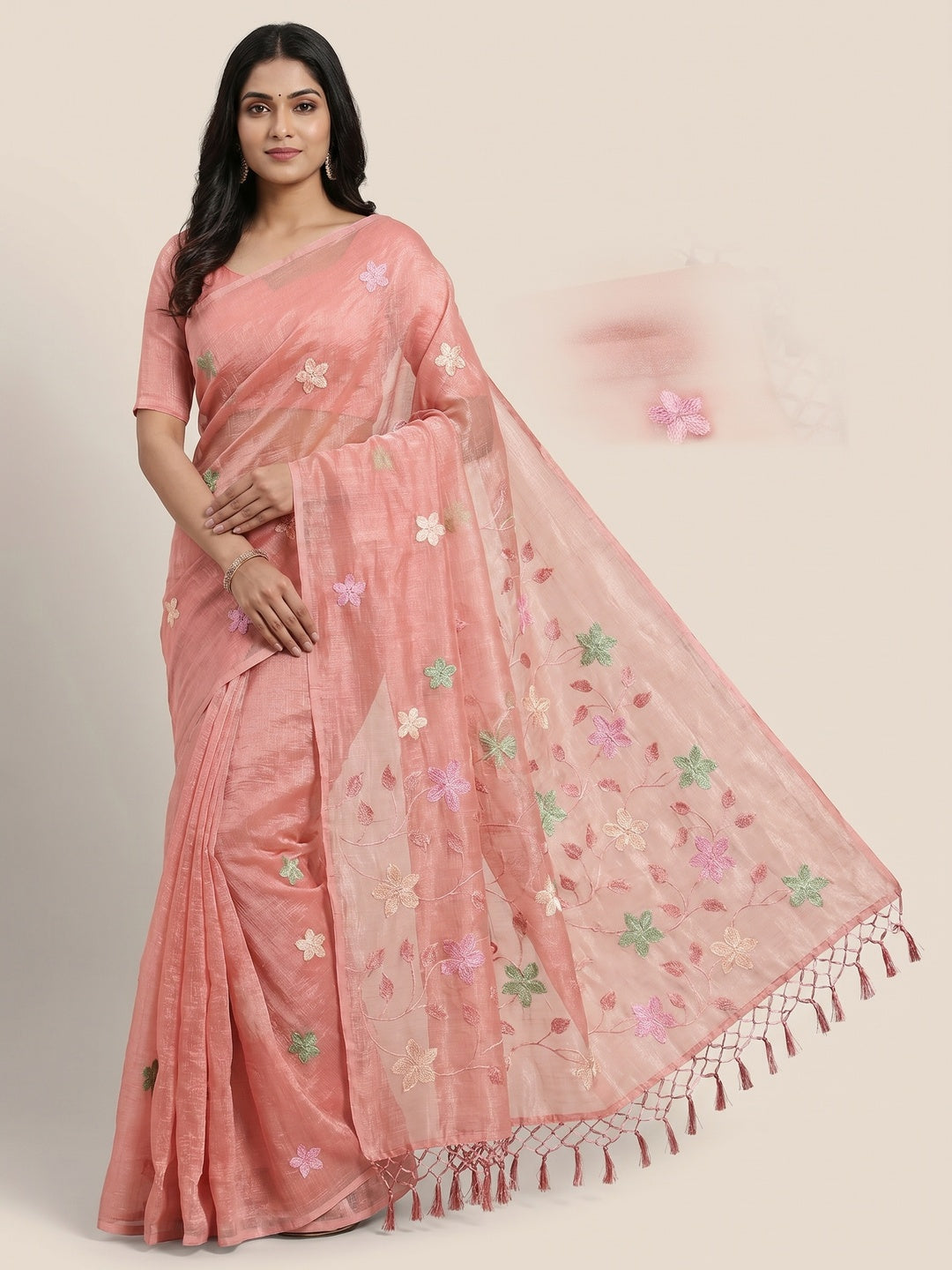 Peachmode Peach Crunchy Saree with Floral Embroidery Work - Image 1