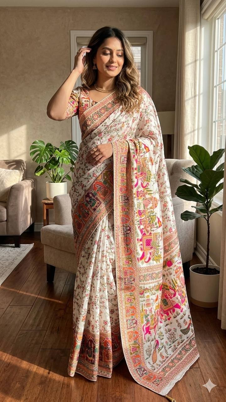 Peachmode Cream Rajwadi Pashmina Silk Woven Saree - Image 1