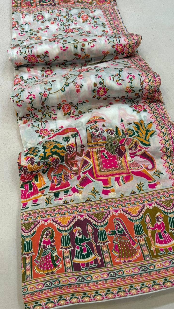 Peachmode Cream Rajwadi Pashmina Silk Woven Saree - Image 2
