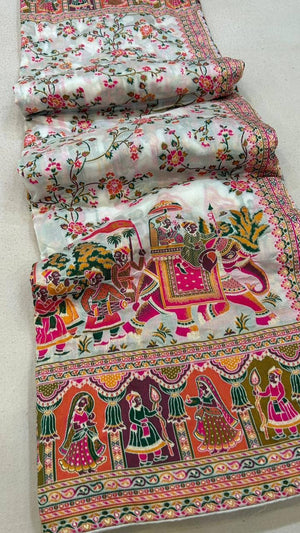Peachmode Cream Rajwadi Pashmina Silk Woven Saree - Image 2