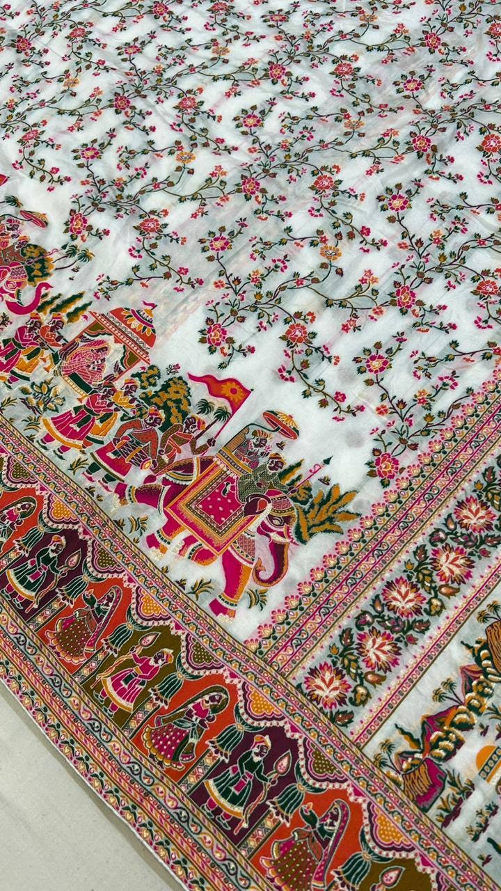 Peachmode Cream Rajwadi Pashmina Silk Woven Saree - Image 5