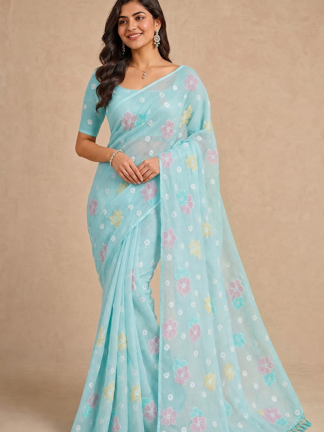 Peachmode Aqua Crunchy Saree with Floral Embroidery Work - Image 1