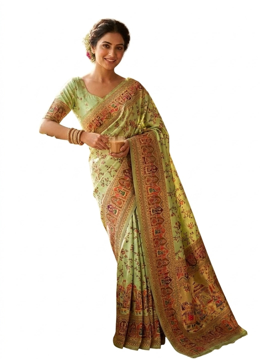 Peachmode Mint Rajwadi Pashmina Silk Woven Saree - Image 4