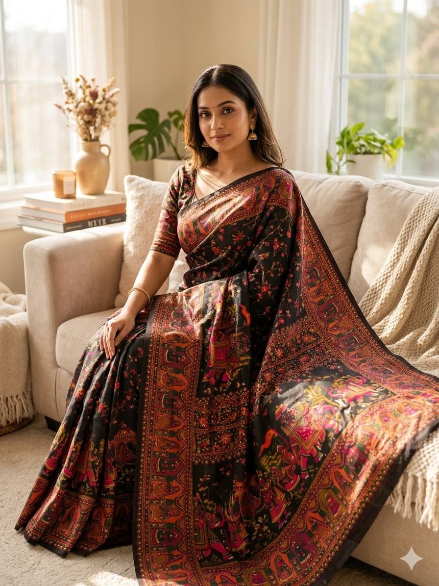 Peachmode Black Rajwadi Pashmina Silk Woven Saree - Image 1