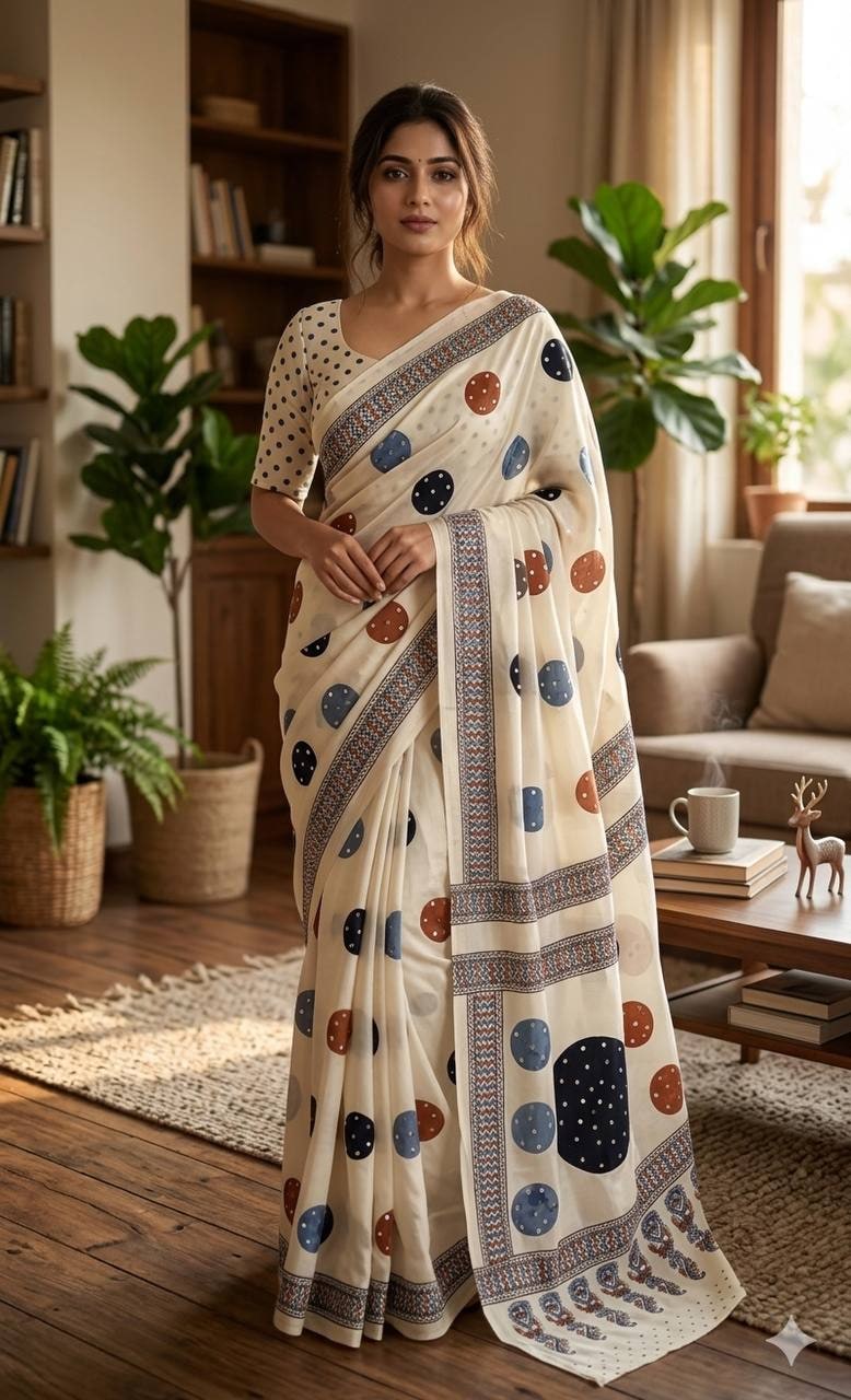 Peachmode Cream Ajrakh Mirror Work Saree - Image 1