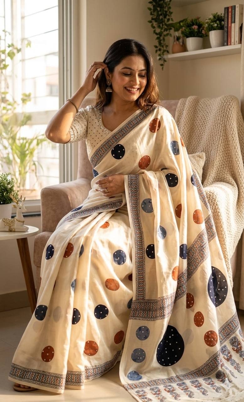 Peachmode Cream Ajrakh Mirror Work Saree - Image 3