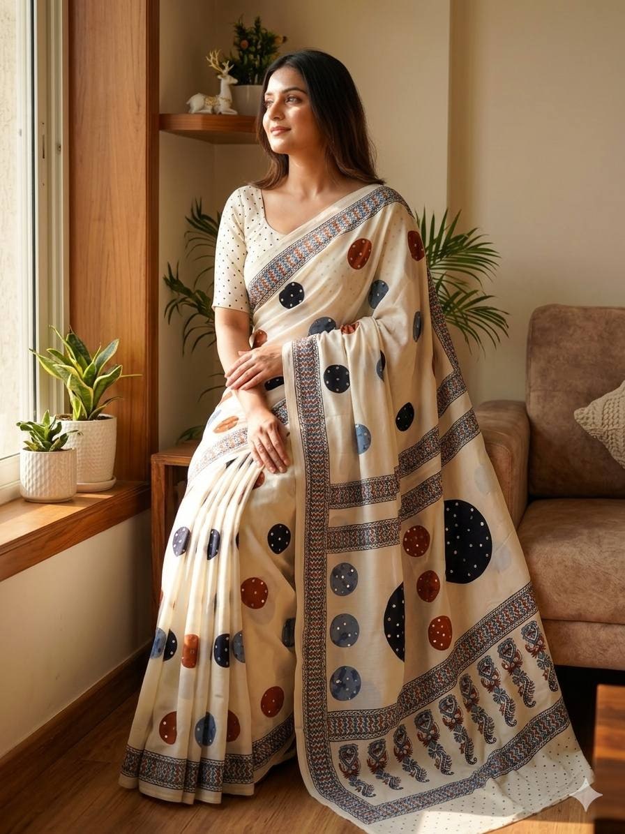 Peachmode Cream Ajrakh Mirror Work Saree - Image 5