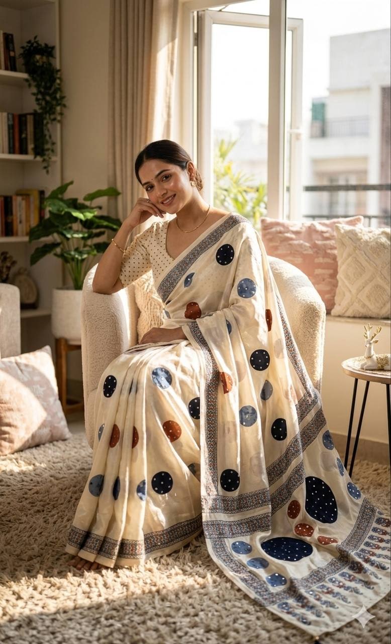 Peachmode Cream Ajrakh Mirror Work Saree - Image 6