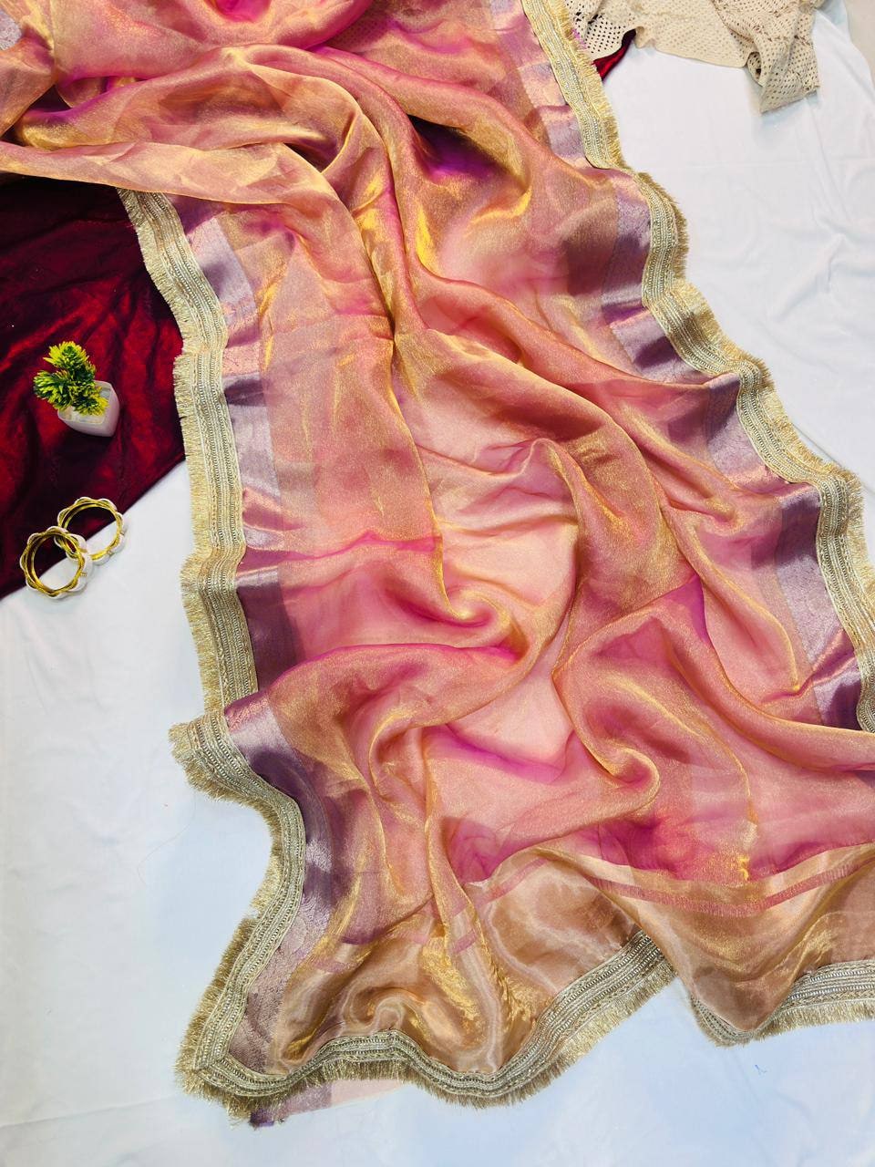 Peachmode Pink Tissue Silk Shaded Saree - Image 6