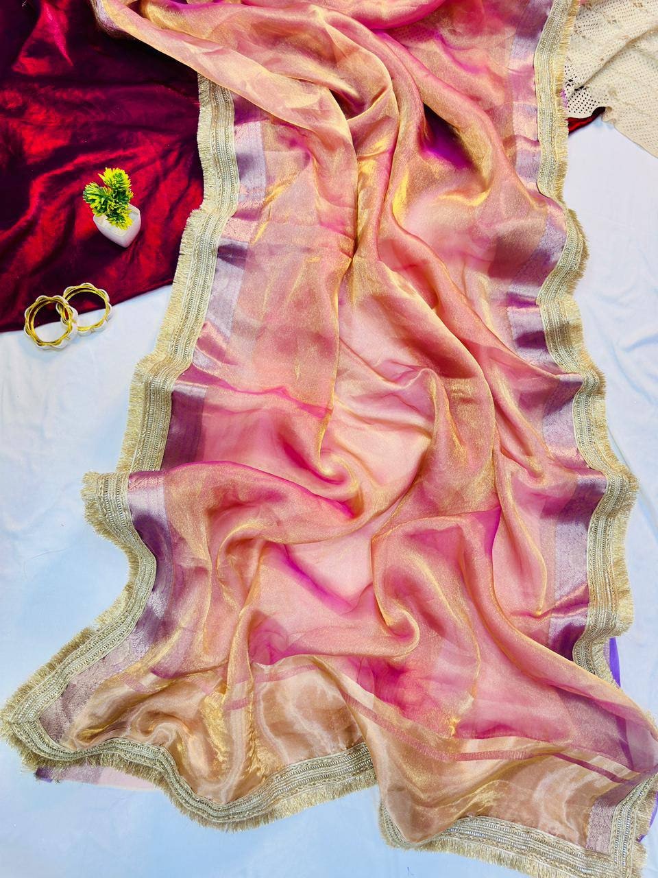 Peachmode Pink Tissue Silk Shaded Saree - Image 7