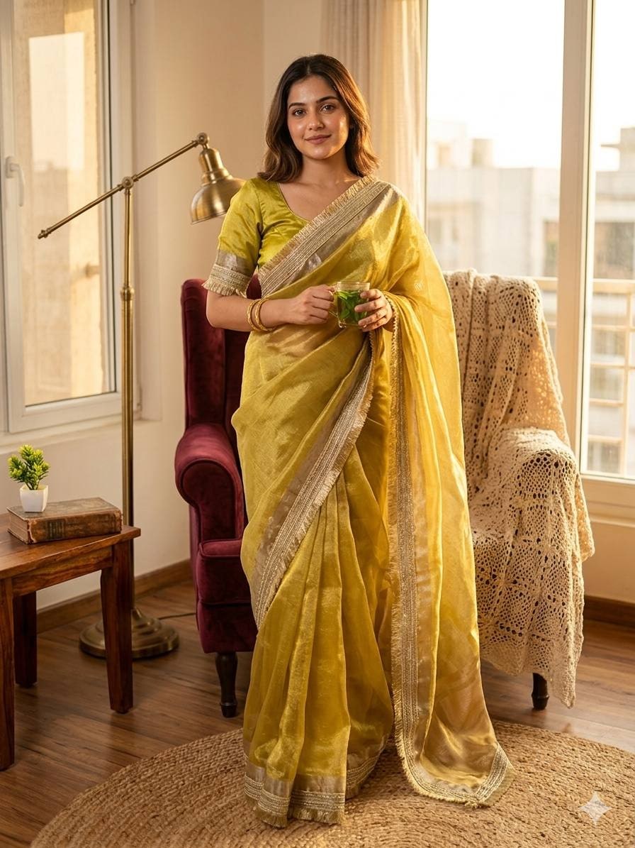 Peachmode Yellow Tissue Silk Shaded Saree - Image 1