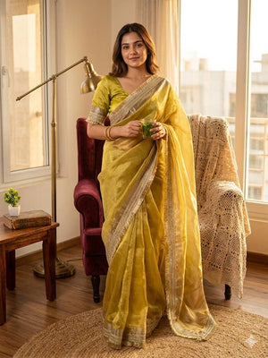 Peachmode Yellow Tissue Silk Shaded Saree - Image 1