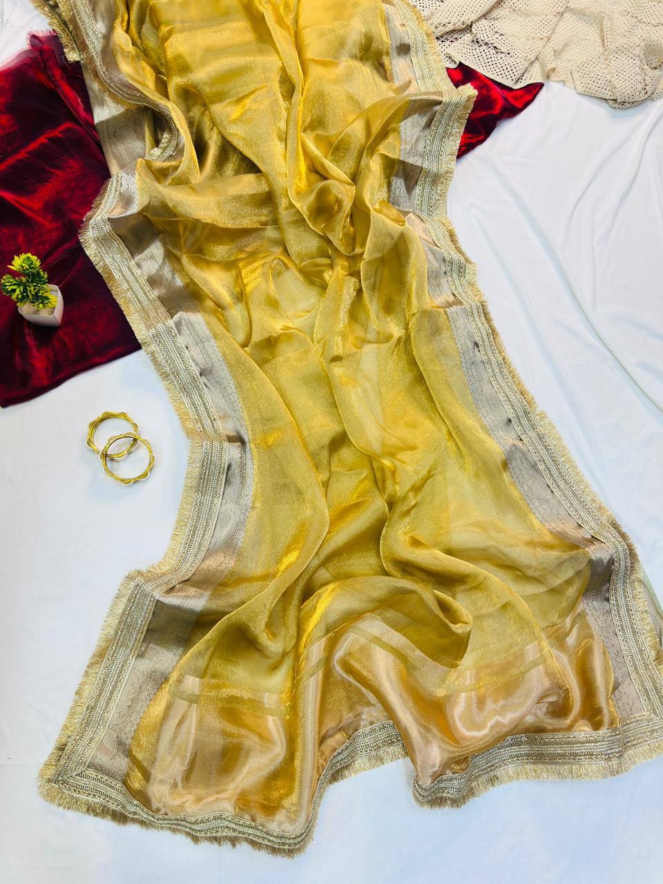 Peachmode Yellow Tissue Silk Shaded Saree - Image 6