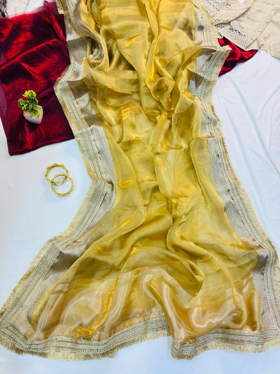 Peachmode Yellow Tissue Silk Shaded Saree - Image 7