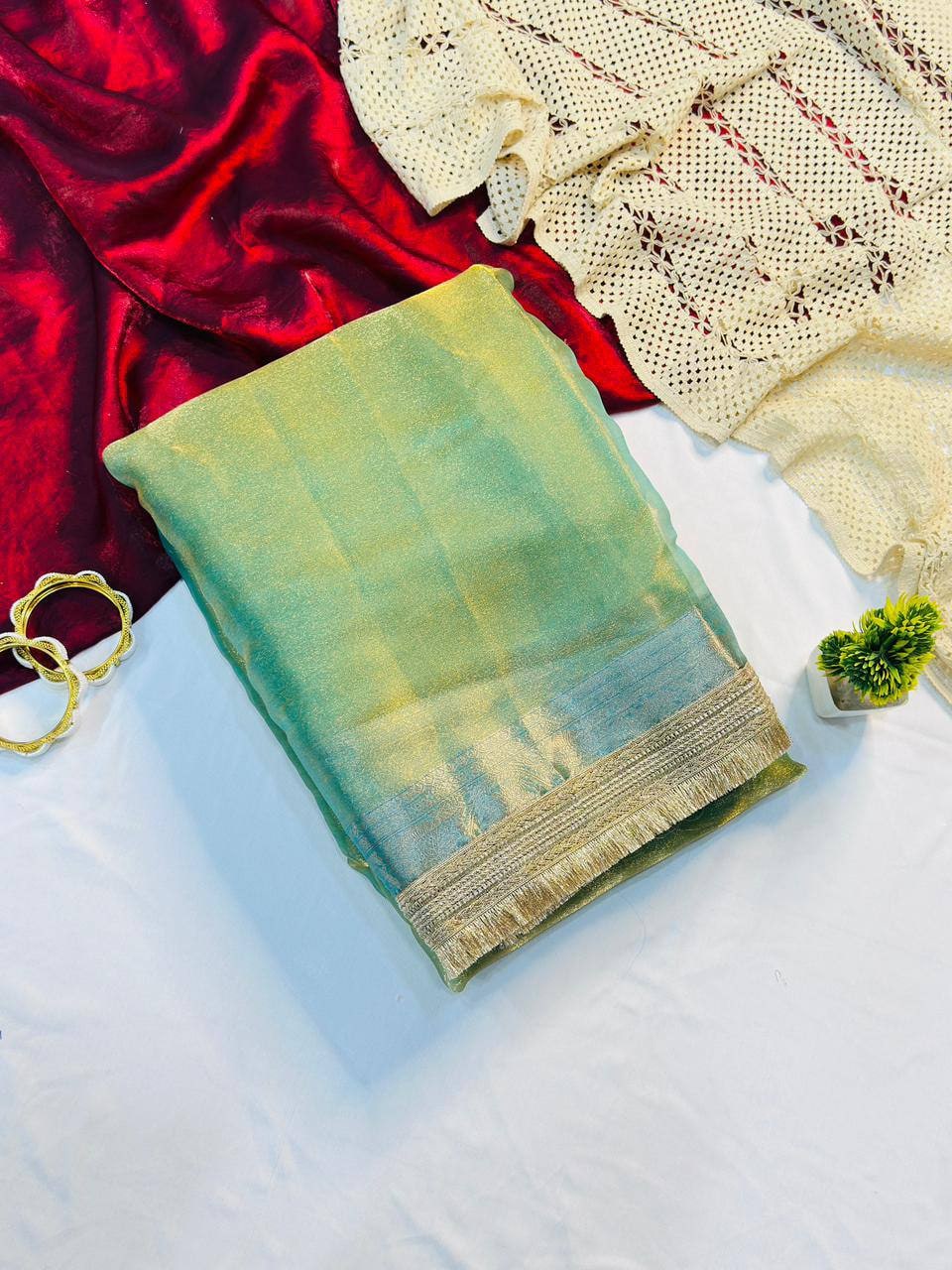 Peachmode Green Tissue Silk Shaded Saree - Image 2