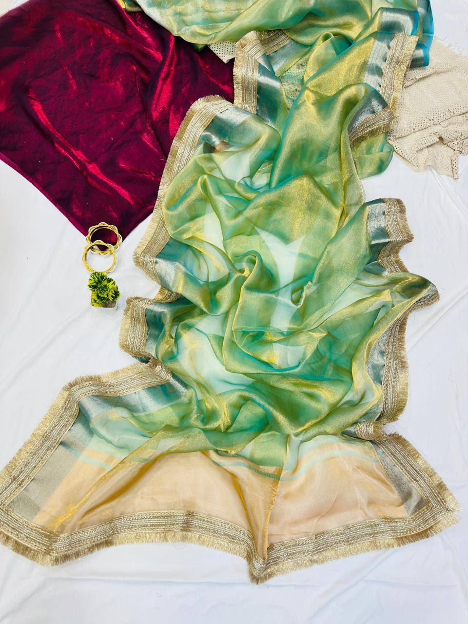 Peachmode Green Tissue Silk Shaded Saree - Image 7