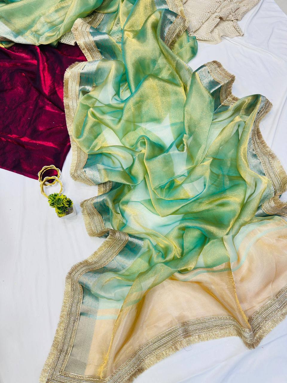 Peachmode Green Tissue Silk Shaded Saree - Image 8