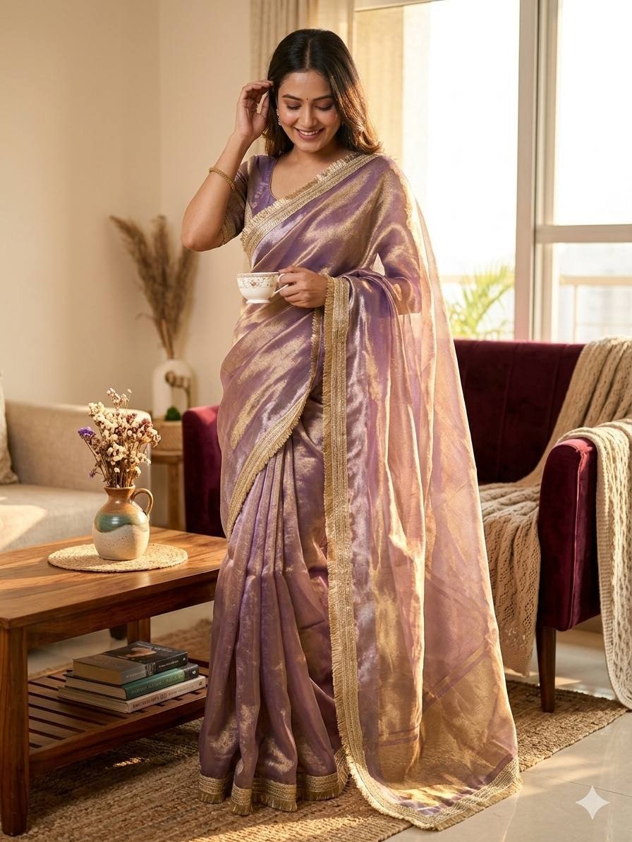 Peachmode Beige Tissue Silk Shaded Saree - Image 1