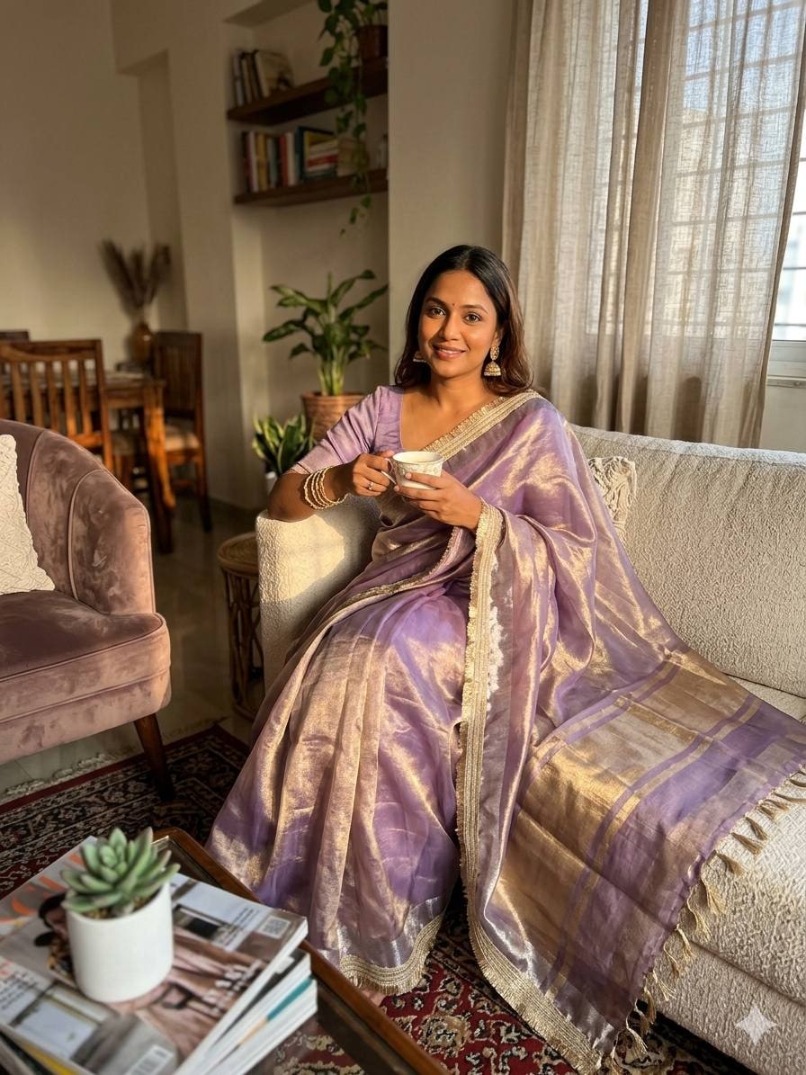 Peachmode Beige Tissue Silk Shaded Saree - Image 2