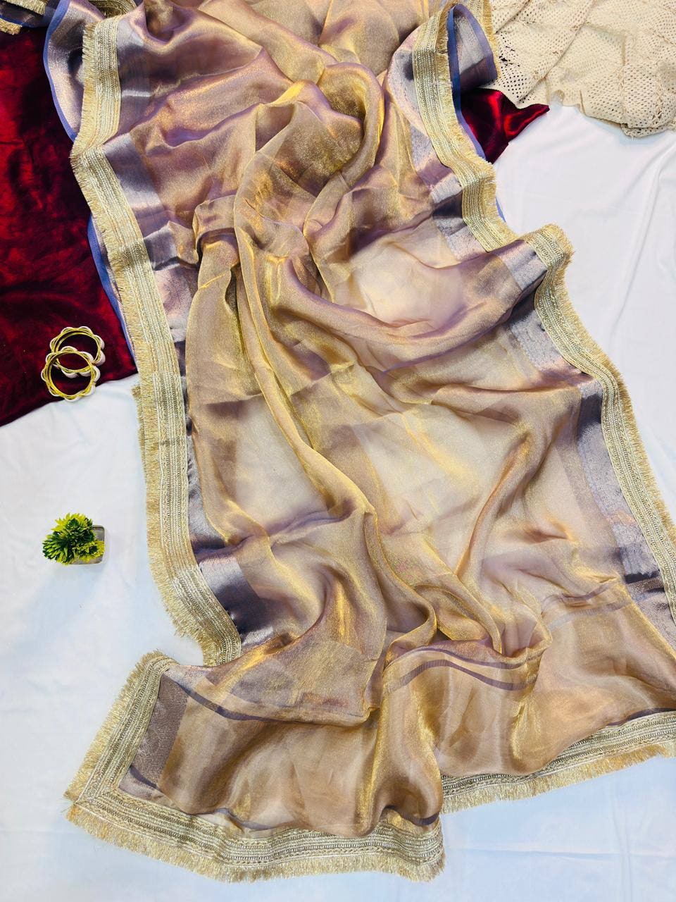 Peachmode Beige Tissue Silk Shaded Saree - Image 4