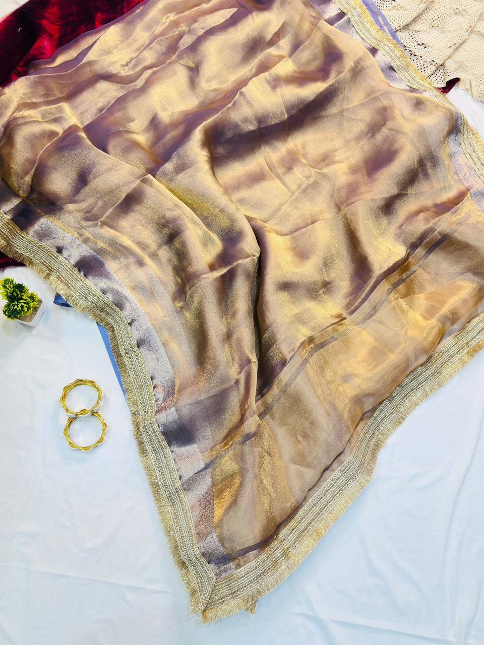 Peachmode Beige Tissue Silk Shaded Saree - Image 5