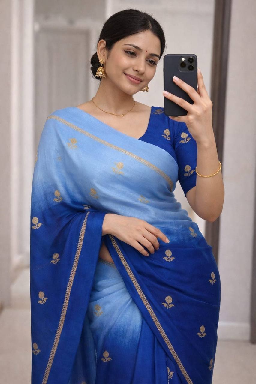 Peachmode Blue Viscose Khadi Silk Zari Saree - Image 1