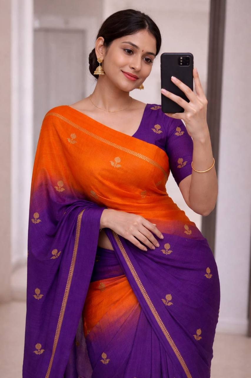 Peachmode Orange Viscose Khadi Silk Zari Saree - Image 1