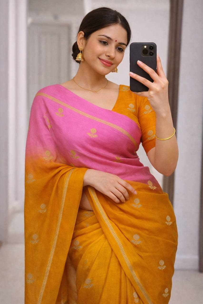 Peachmode Yellow Viscose Khadi Silk Zari Saree - Image 1