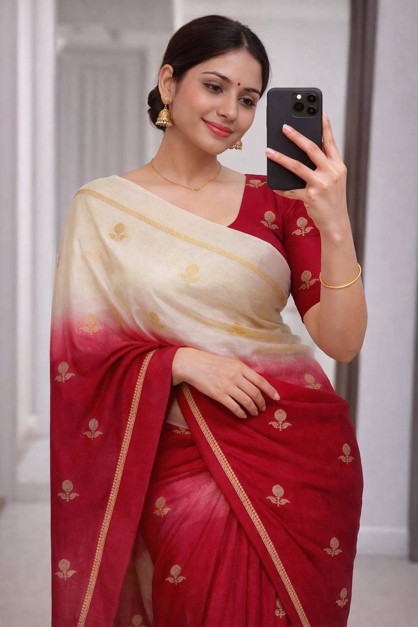 Peachmode Red Viscose Khadi Silk Zari Saree - Image 1