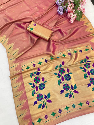 Peachmode Peach Bamboo Tissue Silk Paithani Saree - Image 2