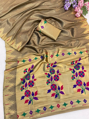 Peachmode Brown Bamboo Tissue Silk Paithani Saree - Image 2
