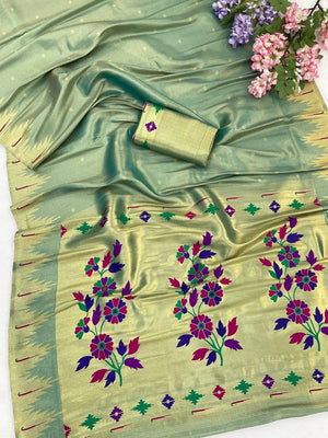 Peachmode Green Bamboo Tissue Silk Paithani Saree - Image 2
