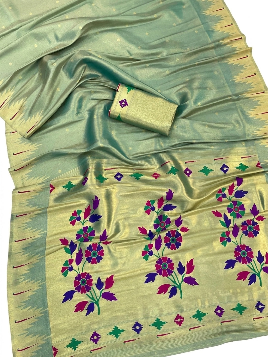Peachmode Green Bamboo Tissue Silk Paithani Saree - Image 1