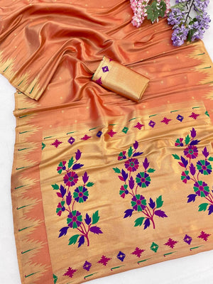 Peachmode Orange Bamboo Tissue Silk Paithani Saree - Image 2