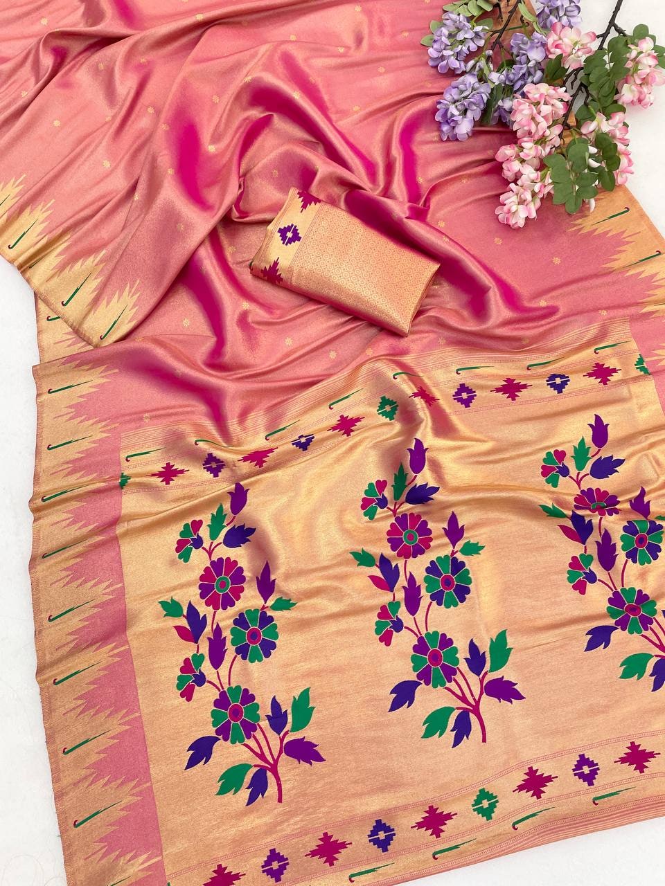 Peachmode Pink Bamboo Tissue Silk Paithani Saree - Image 2