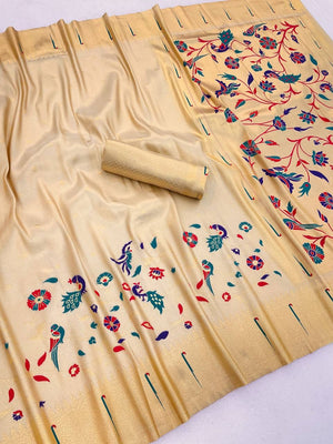 Peachmode Cream Bamboo Tissue Silk Paithani Saree - Image 2