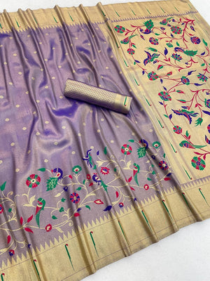 Peachmode Lavender Bamboo Tissue Silk Paithani Saree - Image 2