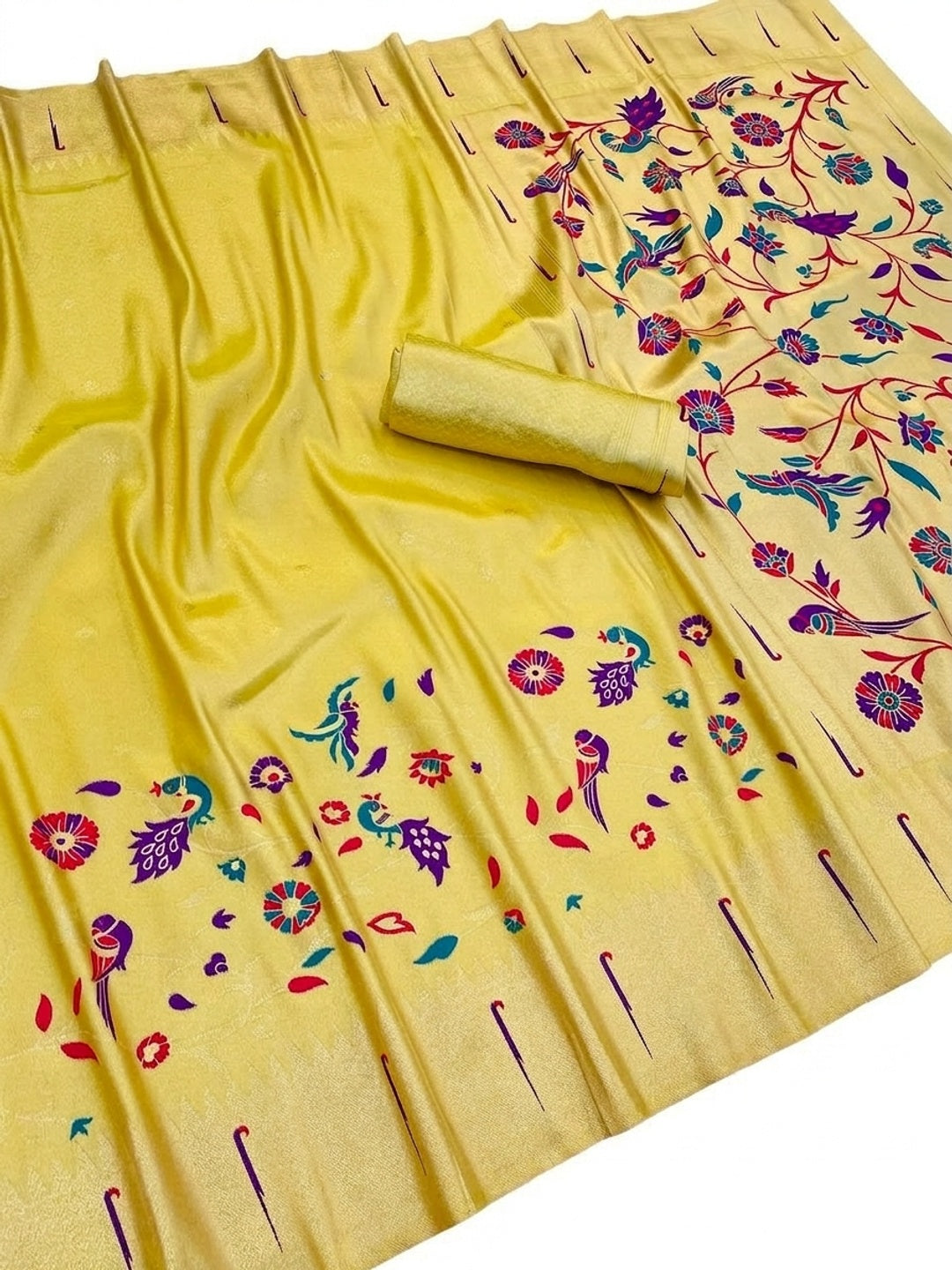 Peachmode Yellow Bamboo Tissue Silk Paithani Saree - Image 1