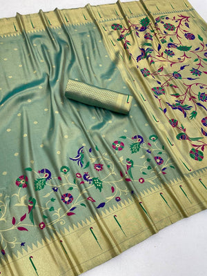 Peachmode Sea Green Bamboo Tissue Silk Paithani Saree - Image 2