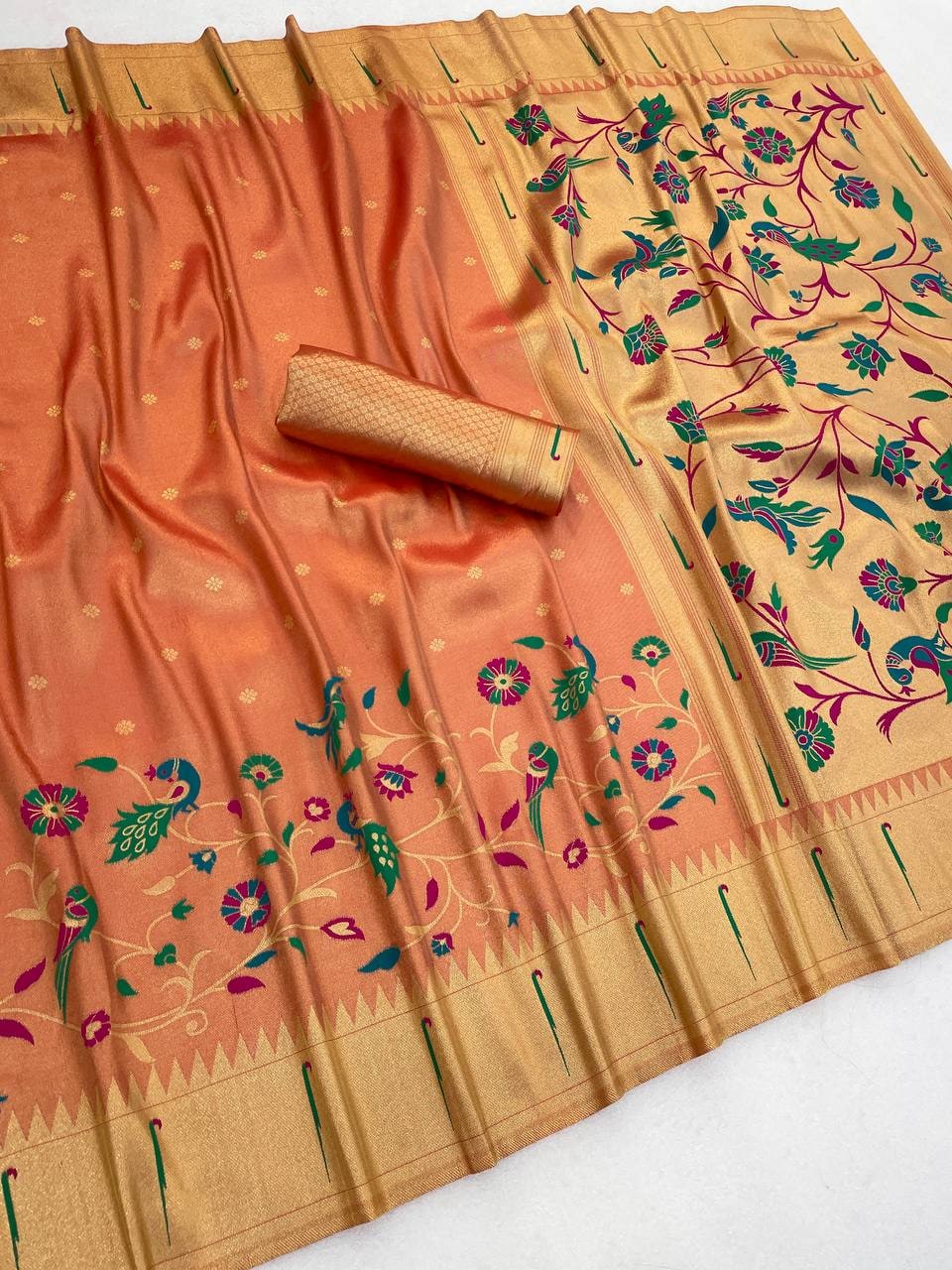 Peachmode Orange Bamboo Tissue Silk Paithani Saree - Image 2